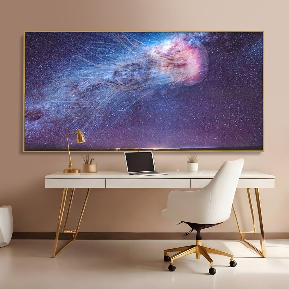 Tablou canvas cu ilustratie digitala cu meduza cosmica si stele, in rama de aluminiu auriu, pe perete intr-un birou